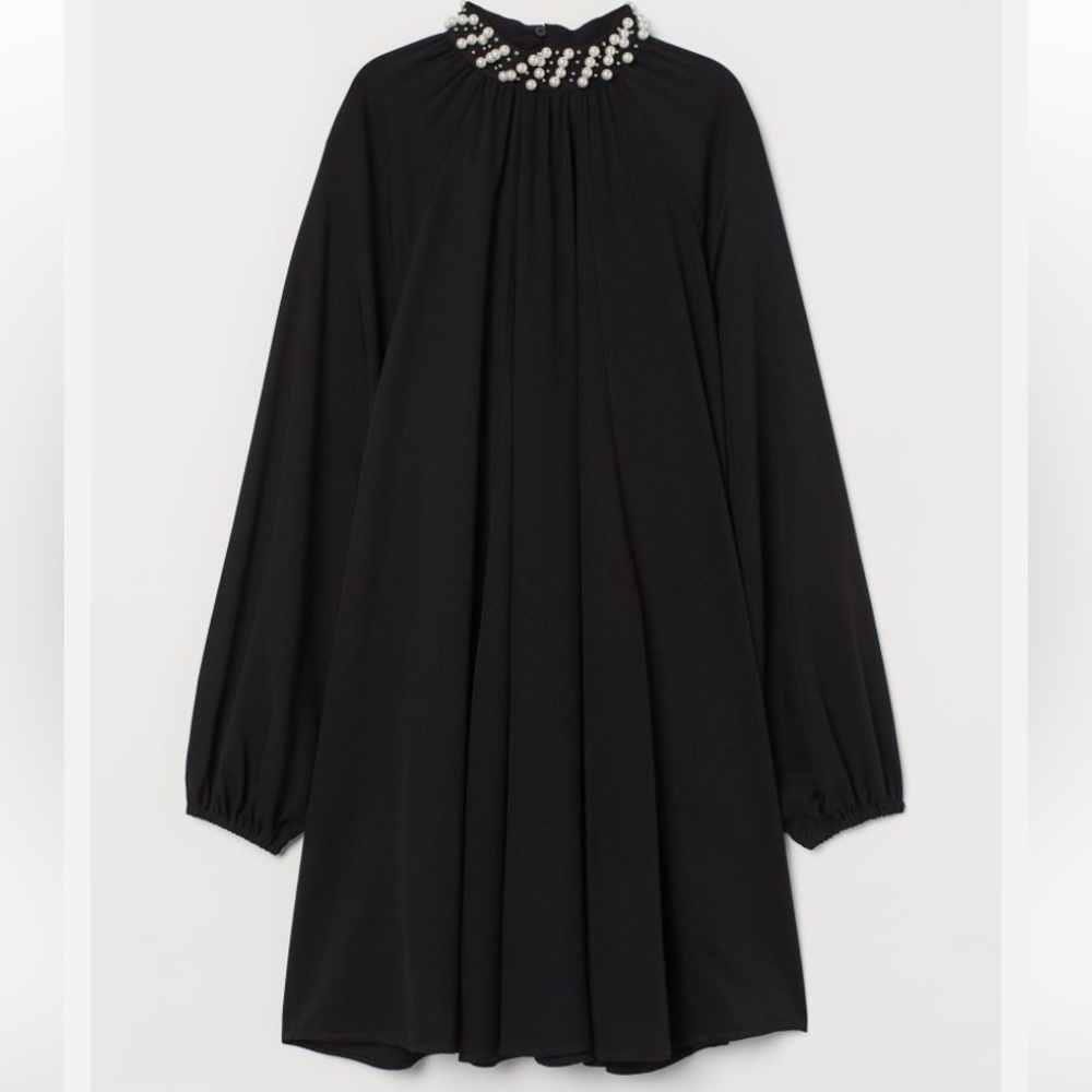 H&M Black Holiday Long Sleeve Smock Dress with Pearl Beaded Neckline NEW!